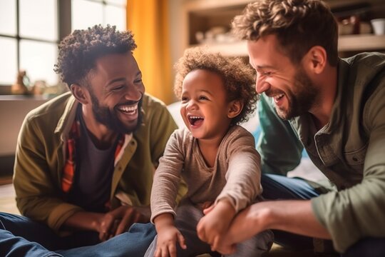 male gay couplle family with a child smiling in the living room having a good time the three together sitting on the floor playing, kid with two fathers, fathers day LGBT, generative AI