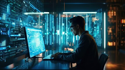 Young entrepreneur man working on his laptop at a table in a modern office space, cyber space big data concept, using information