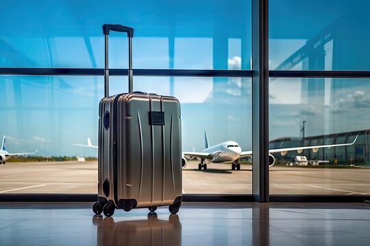 luggage case inside an airport in the foreground through a big glass window with copy space, travel holiday concept