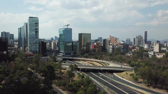 Mexico city aereal drone view, Petroleum fountain and Polanco area, sunny day.