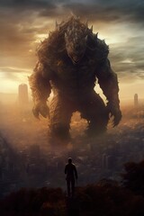 giant beast above city, giant kaiju, creature concept, kaiju, golem, sci-fi monster, movie frame,