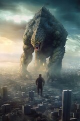 giant beast above city, giant kaiju, creature concept, kaiju, golem, sci-fi monster, movie frame,