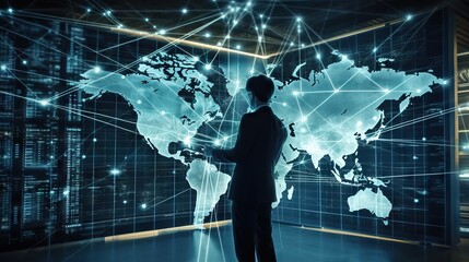 Global logistics network distribution and transportation, Smart logistics, supply chain concept, Business man touching on interface panel of global network distribution