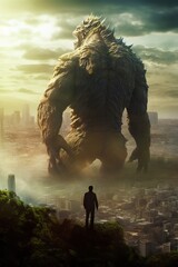 giant beast above city, giant kaiju, creature concept, kaiju, golem, sci-fi monster, movie frame,