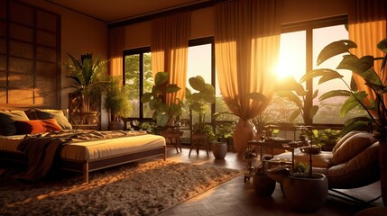 Golden hour, earthy colors, amazing feng shui, cozy room, interior design concept,