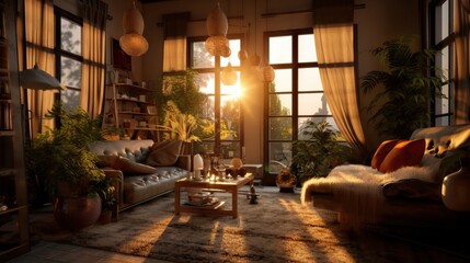 Fototapeta na wymiar Golden hour, earthy colors, amazing feng shui, cozy room, interior design concept,