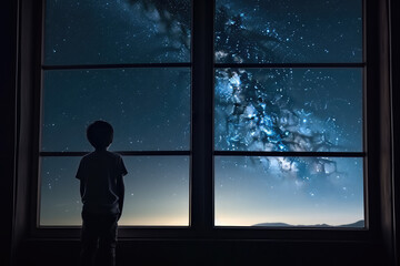 Fototapeta na wymiar a kid watching out at big window open to galaxy sky, midnight time, idea for imagination and dream concept, generative AI