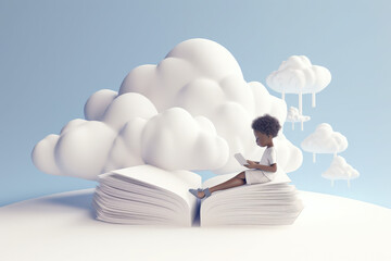 A peaceful image of cute 3d cartoon kid reading on a giant white cloud like a book on a light background, generative AI
