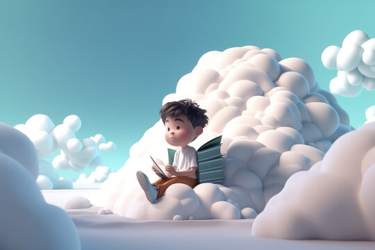 A peaceful image of cute 3d cartoon kid reading on a giant white cloud like a book on a light background, generative AI