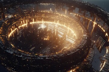 Futuristic and illuminated metal massive construction, alien concept, cinematic scene from another planet, explore other civilizations