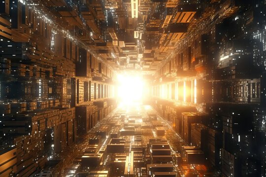 Futuristic and illuminated metal massive construction, alien concept, cinematic scene from another planet, explore other civilizations