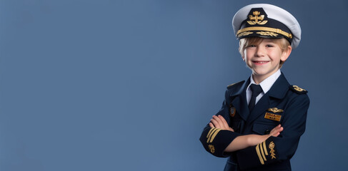 a smiling boy child dressed as a pilot's soft solid blue 
background generative ai