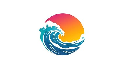 Minimalist logo illustration of a wave ocean during a sunset, travel and adventure, surf and aquatic sports