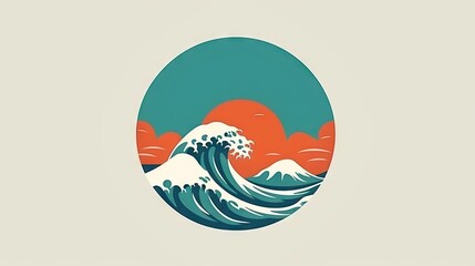 Obraz premium Minimalist logo illustration of a wave ocean during a sunset, travel and adventure, surf and aquatic sports