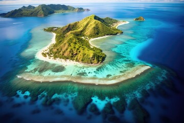 Aerial View of Fiji Island Scuba Snorkeling Diving in Paradise, with Beaches and Tropics in the Pacific Ocean, Stunning Scenic Seascape Wallpaper, Coral Reef and Marine Life, Generative AI - obrazy, fototapety, plakaty