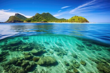 Fiji Island Scuba Snorkeling Diving in Paradise Paradise, with Beaches and Tropics in the Pacific Ocean, Stunning Scenic Seascape Wallpaper, Coral Reef and Marine Life, Generative AI - obrazy, fototapety, plakaty