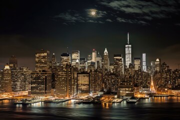 Fototapeta na wymiar New York City Skyline with Full Moon at Night, Lower Manhattan, One World Trade Center, Skyscrapers, Stunning Scenic Landscape Wallpaper, Generative AI