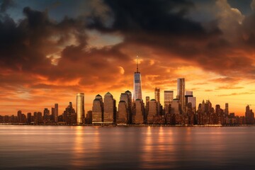Fototapeta na wymiar New York City Skyline, Lower Manhattan, One World Trade Center, Skyscrapers, Stunning Scenic Landscape Wallpaper, Generative AI