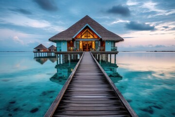 Obraz premium Maldives Islands Water Villas and Overwater Bungalows in Paradise, Romantic Honeymoon Getaway, Stunning Travel Scenic Landscape Wallpaper, Generative AI