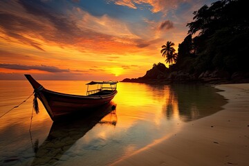 Fototapeta na wymiar Phuket, Phang Nga Bay, Thailand, fishing boat at sunset, Stunning Scenic Seascape Wallpaper, Coral Reef and Marine Life, Generative AI 