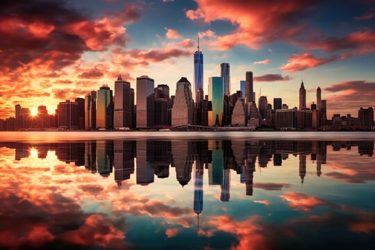 New York City Skyline, Lower Manhattan, One World Trade Center, Skyscrapers,  Stunning Scenic Landscape Wallpaper, Generative AI