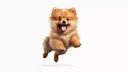 Obraz premium Red pomeranian dog jumping, playing in the park, playful on white background, Generative ai illustration., Generative ai illustration.