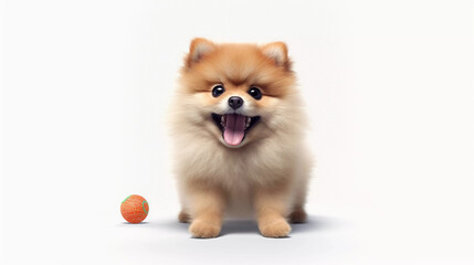Red pomeranian dog smile, playing ball in the park, playful on white background, Generative ai illustration., Generative ai illustration.