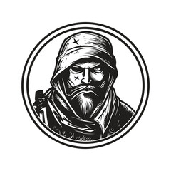 mercenary, vintage logo line art concept black and white color, hand drawn illustration