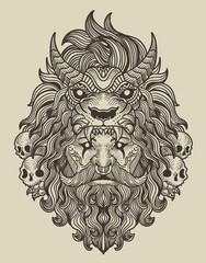 illustration tribal man with lion hat on black background