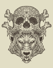 illustration tribal wolf with skull hat on black background