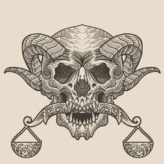 illustration scary demonic skull head biting the scales libra