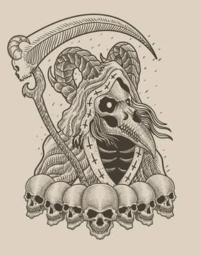 illustration scary grim reaper with engraving style on black background