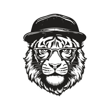 tiger wearing glasses and cap, vintage logo line art concept black and white color, hand drawn illustration