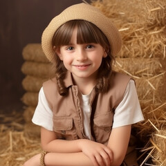 a smiling girl child dressed as a farmer's soft solid dark brown beige background ai generative