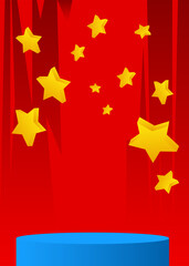 Blue, red and yellow product display. Mockup cylinder pedestal podium. Realistic stage showcase for presentation. Abstract minimal geometric forms. Vector empty scene, room.