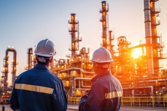 Refinery industry engineer are working and discussing at front oil and gas industrial factory,Oil refinery plant for industry