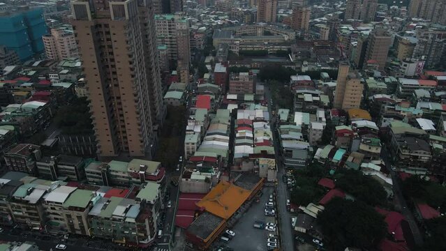 Houses And Residential Buildings In The District Of Wanhua In Taipei City, Taiwan. aerial tilt-up