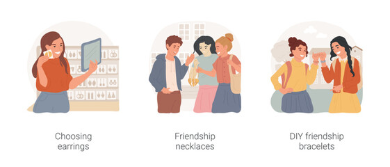 Teens accessories isolated cartoon vector illustration set. Teenage girl trying on earrings in store, wearing friendly necklace, holding hands with handmade friendship bracelets vector cartoon.