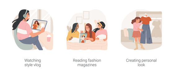 Creating personal style isolated cartoon vector illustration set. Teen watching style video vlog, reading fashion magazine, creating personal look, girl trying on clothes at home vector cartoon.