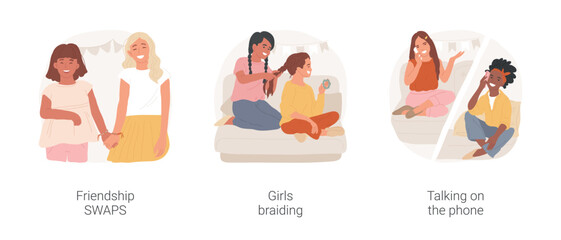 Best friends isolated cartoon vector illustration set. Friendship SWAPS, kids swapping DIY craft, girls braiding each other, braid hairstyle, talking on the phone in bedroom vector cartoon.
