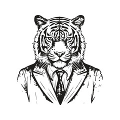 tiger wearing suit, vintage logo line art concept black and white color, hand drawn illustration