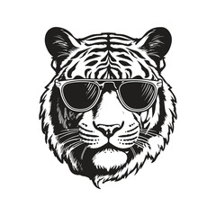 tiger head wearing sunglasses, vintage logo line art concept black and white color, hand drawn illustration