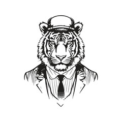 tiger wearing suit, vintage logo line art concept black and white color, hand drawn illustration