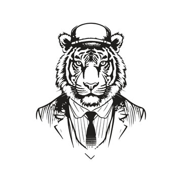 tiger wearing suit, vintage logo line art concept black and white color, hand drawn illustration