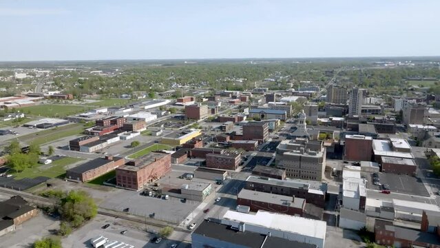 Downtown Lima, Ohio with drone video moving sideways.