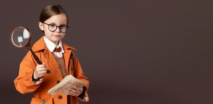 a smiling russian's girlc hild wearing detective's clothes with glassess and magnifiying glass in solid soft brown background generative ai 