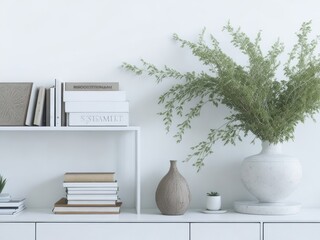 Living room still life. Textured vase with branches and old books. White wall background