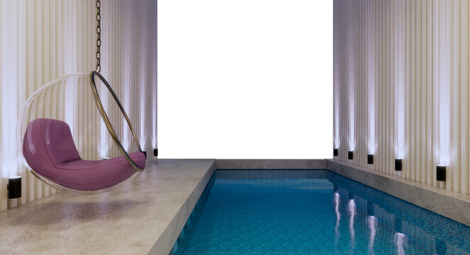 swimming pool with only bubble chairs and wall lights along with the emptiness in front that can Shoot landscapes, decorative images to create a bright and inviting atmosphere. 3D render view