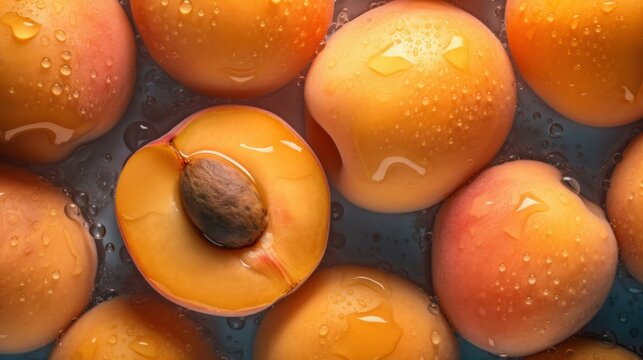 Fresh Organic Apricot Fruit Photorealistic Horizontal Background. Healthy Vegetarian Diet. Ai Generated Hyperrealistic Background with Delicious Juicy Apricot Fruit. Generative AI