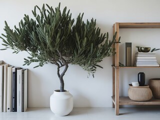 Living room still life. Textured vase with branches and old books. White wall background